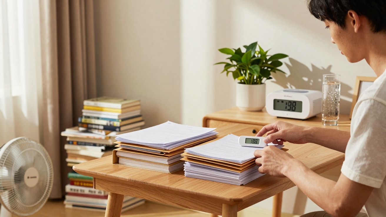 Pessoa sentada medindo temperatura de pilha de papéis em mesa de madeira com ventilador e livros ao fundo.