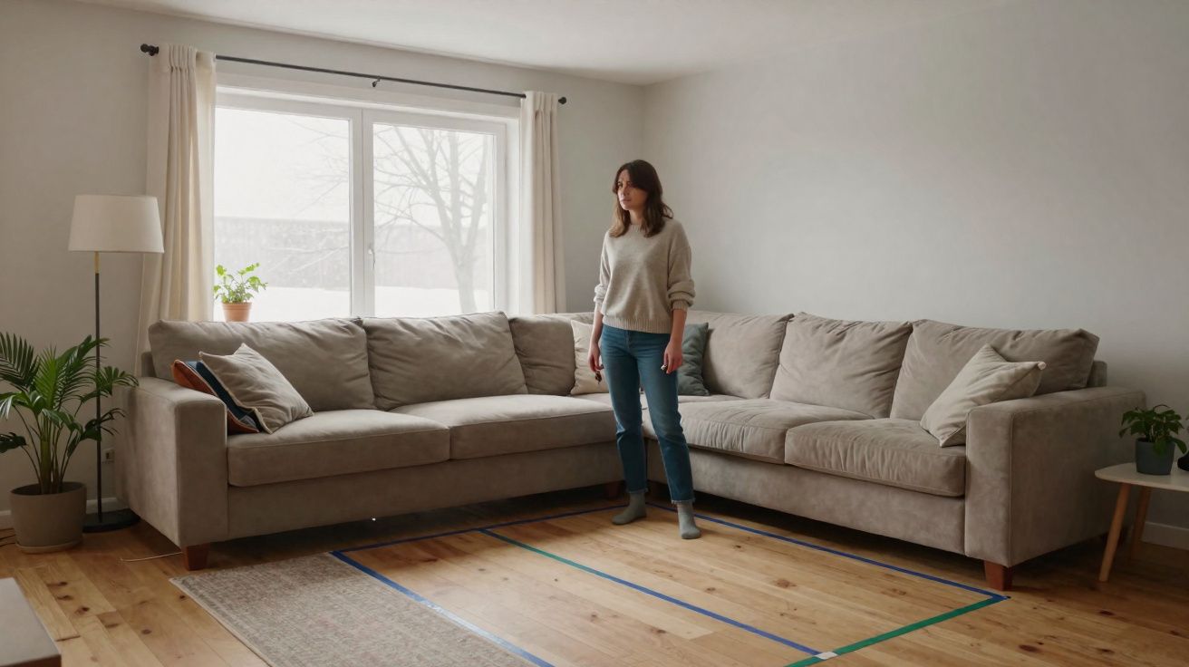 Mulher em sala de estar com sofá cinza em L, plantas, luminária e janela grande ao fundo.