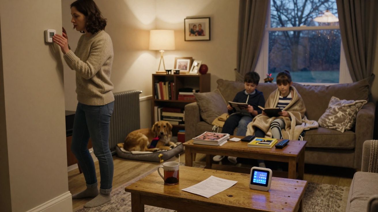 Mulher ajusta termostato enquanto duas crianças leem no sofá e cachorro está descansando no tapete.