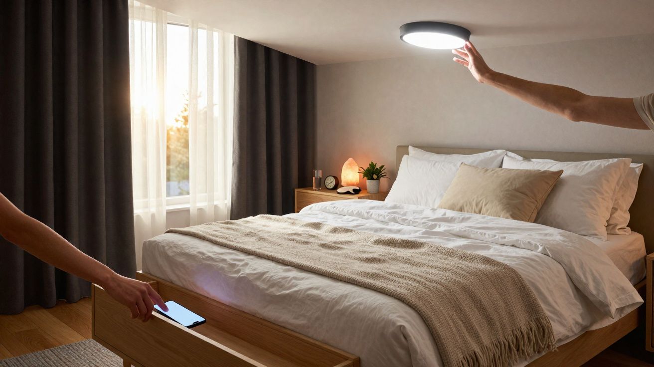 Dormitório com cama grande branca, mesa de cabeceira, luz de teto acionada e pessoa controlando iluminação via app.