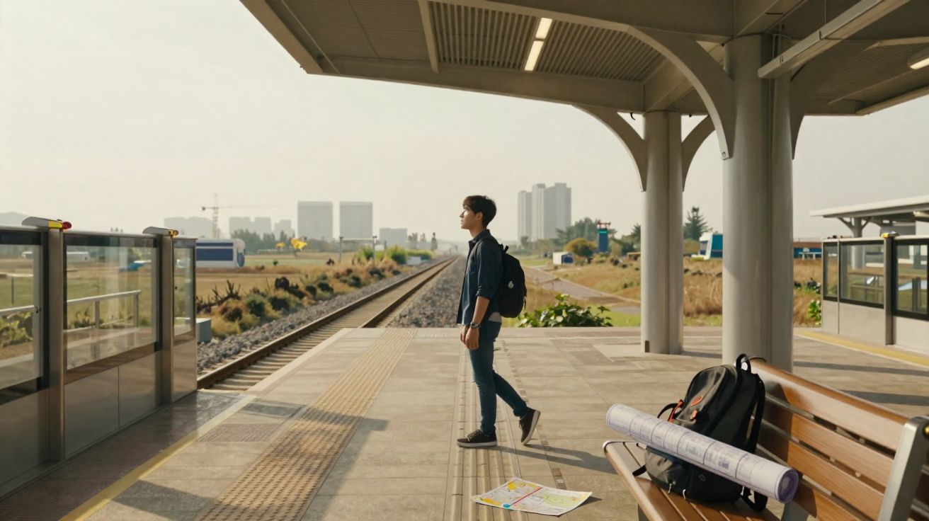 Jovem de mochila esperando trem em plataforma vazia de estação com plantas e prédios ao fundo.