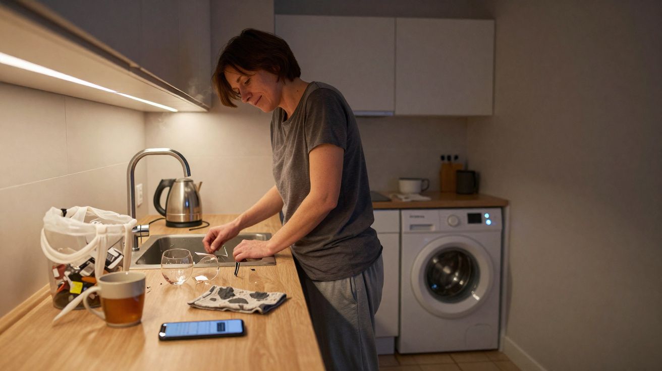 Mulher em roupas casuais lavando utensílios na pia da cozinha iluminada à noite.