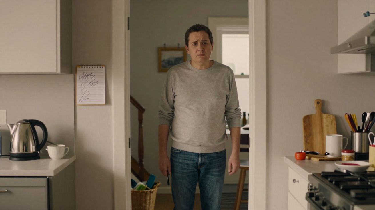 Homem com suéter cinza e calça jeans parado em porta de cozinha moderna, expressão preocupada.
