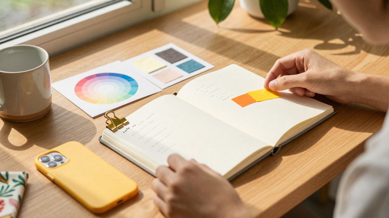 Pessoa com amostras de cores, caderno aberto e celular amarelo sobre mesa de madeira iluminada pelo sol.