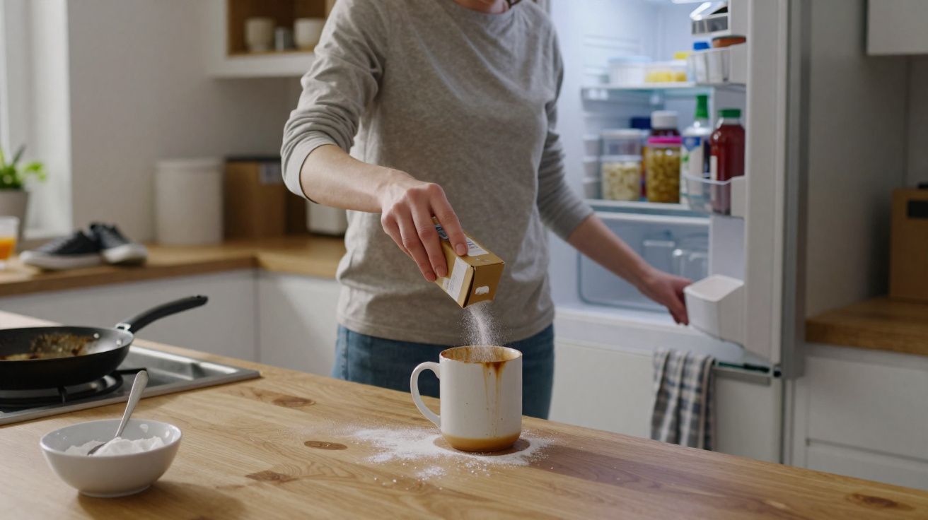 Pessoa adicionando açúcar em uma caneca na cozinha, com geladeira aberta ao fundo.