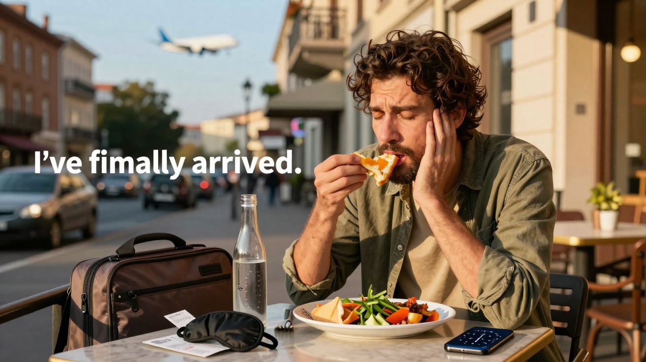 Homem comendo em mesa ao ar livre, mala e avião ao fundo, texto "I've finally arrived".