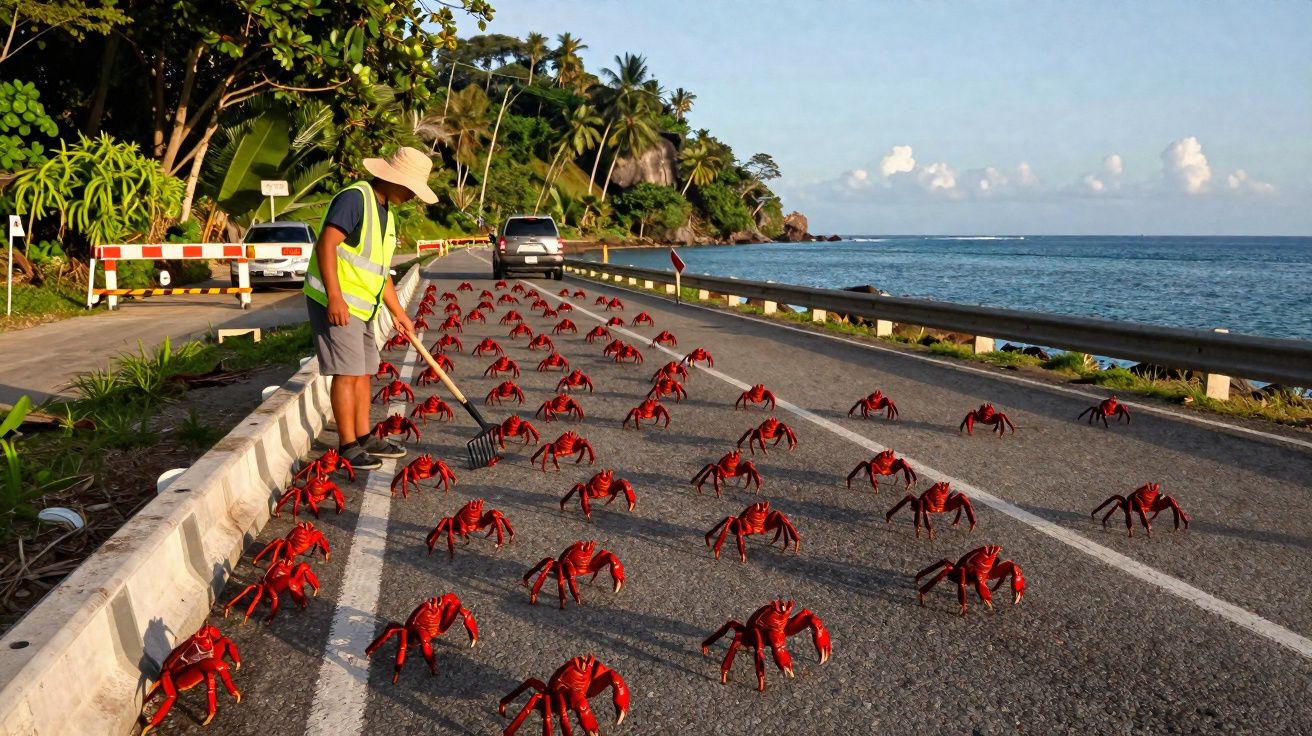 Homem de colete amarelo acompanha migração de caranguejos vermelhos atravessando estrada à beira-mar.