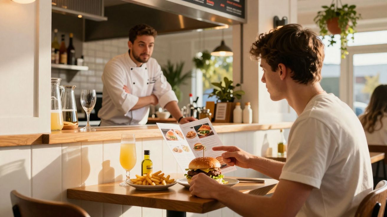 Cliente em restaurante olhando para o cardápio enquanto um chef observa do balcão ao fundo.