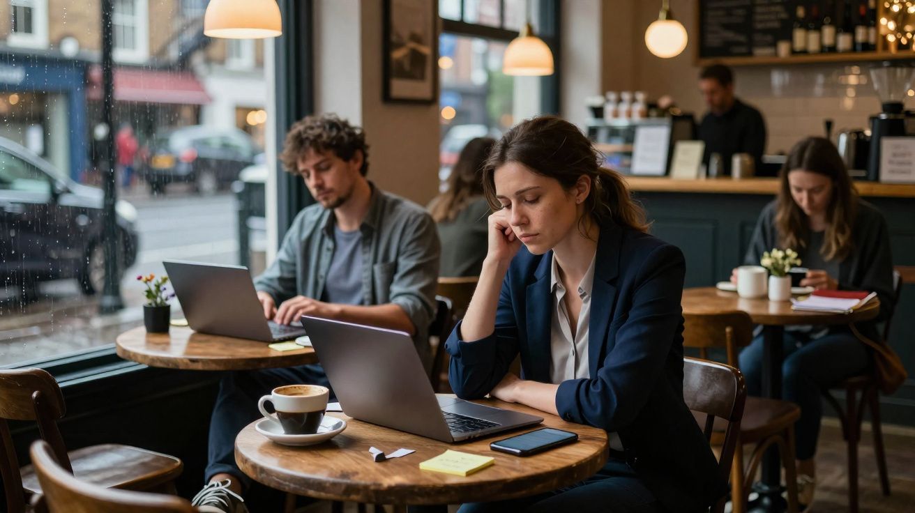 Pessoas trabalhando em laptops em cafeteria chuvosa, com xícaras de café sobre mesas de madeira.
