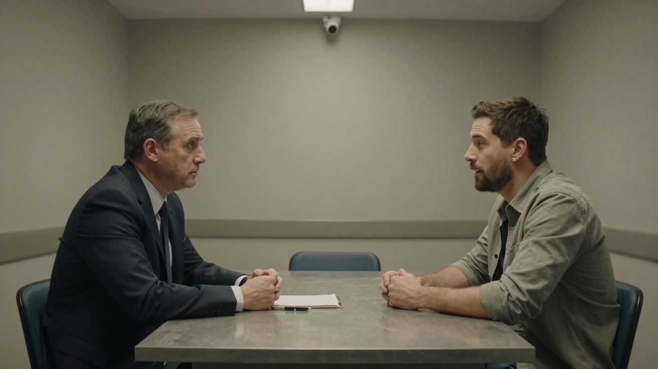 Dois homens sentados frente a frente em uma sala de interrogatório, com mesa e câmera de segurança no teto.