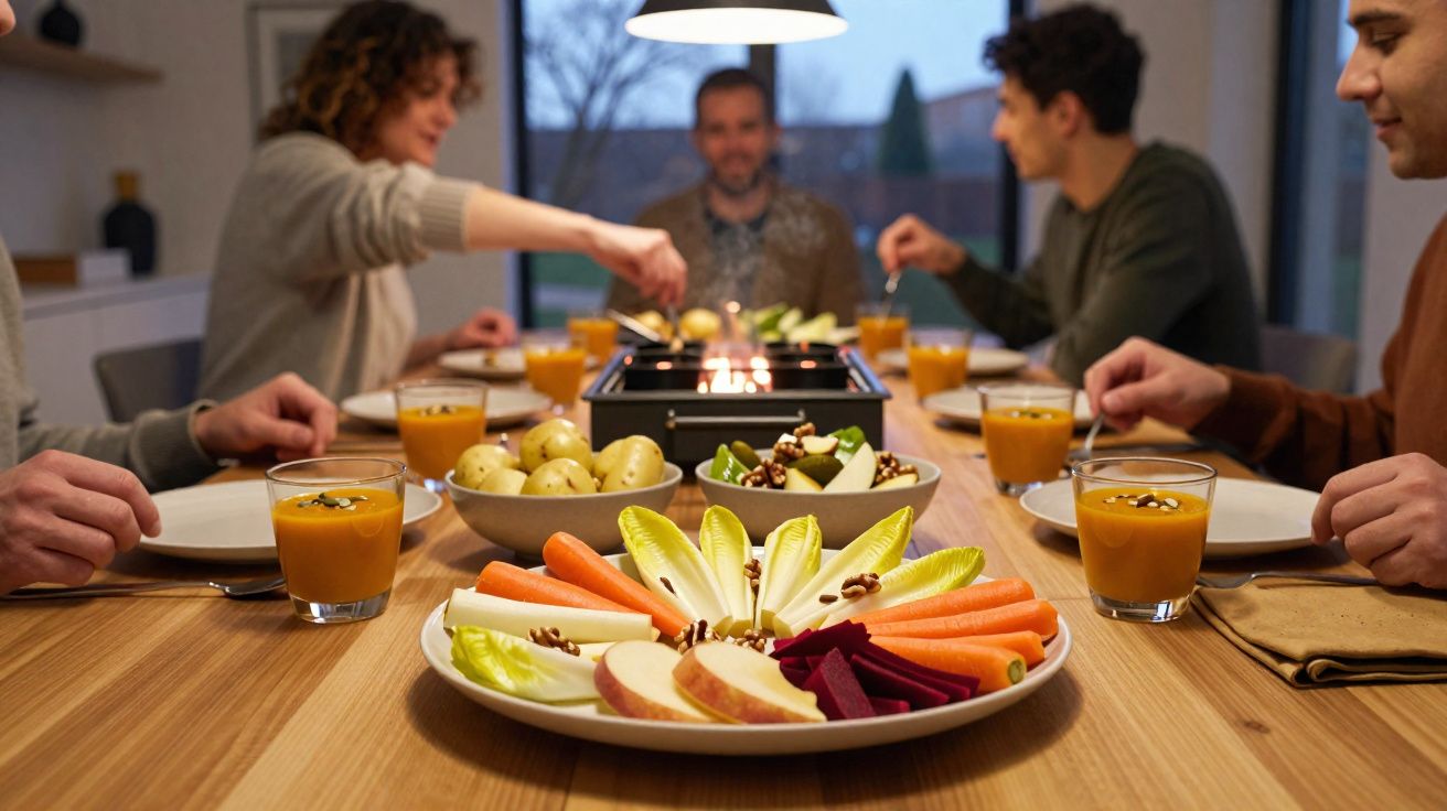 Grupo de pessoas em volta de mesa com petiscos variados e suco durante fondue.
