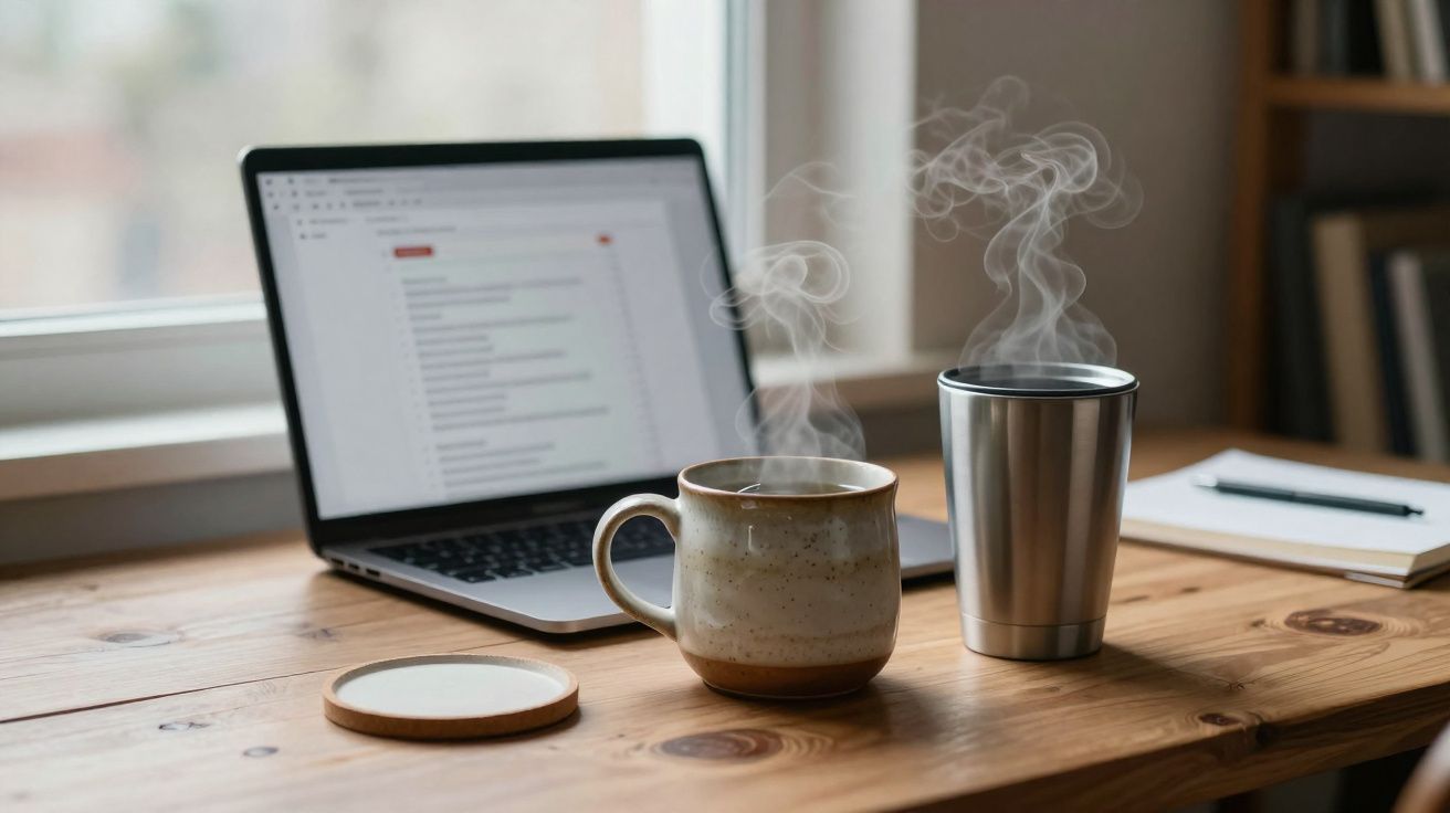 Mesa de trabalho com laptop, caneca de cerâmica e copo metálico com bebida quente e vapor saindo.