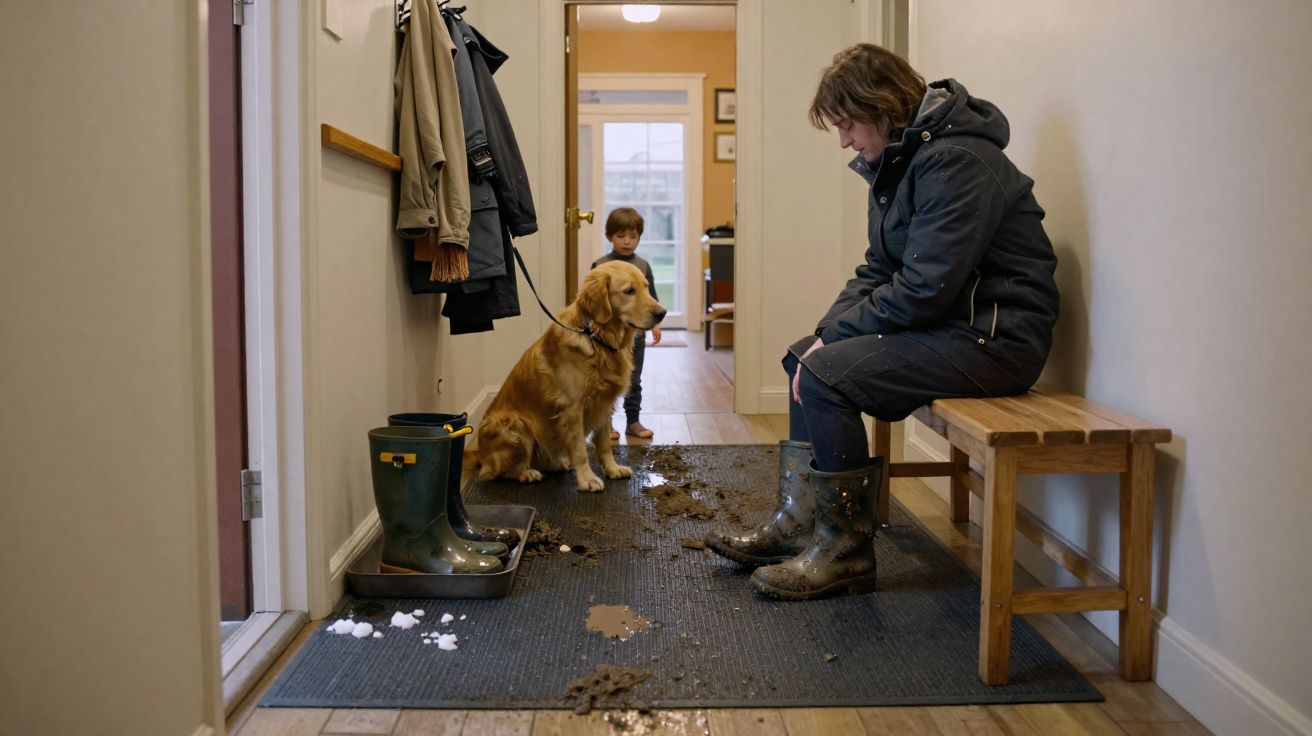Criança e cachorro sujo no tapete com lama, adulto sentado com botas enlameadas em corredor de casa.