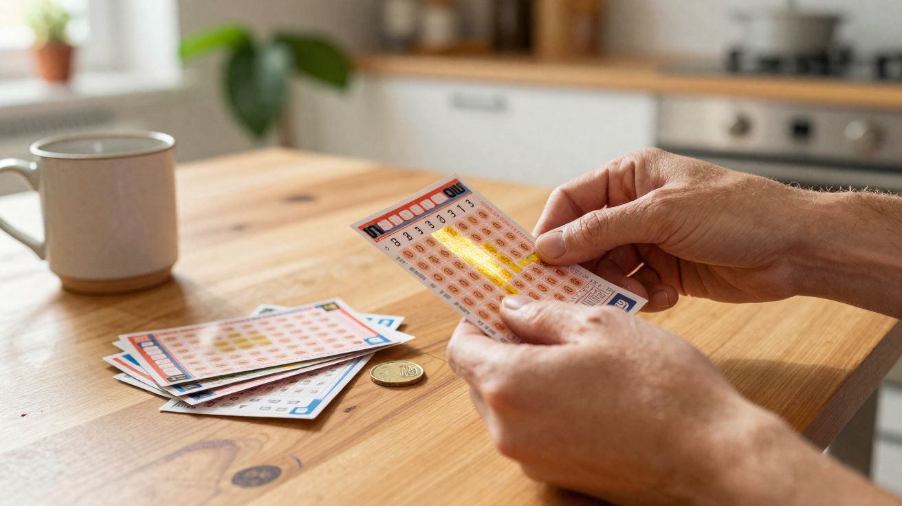 Mãos segurando cartão de loteria com números marcados, mesa de madeira com moedas e xícara ao fundo.