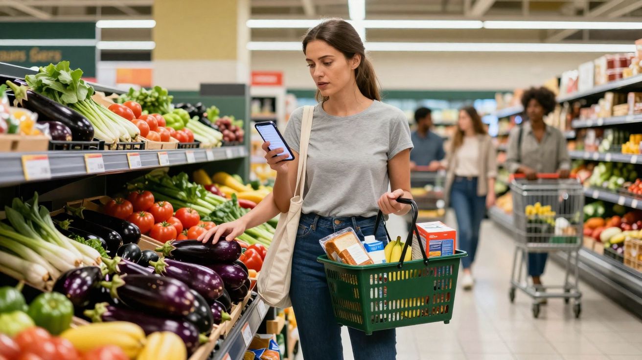 Mulher com cesta de compras verifica lista no celular enquanto escolhe berinjela em supermercado.