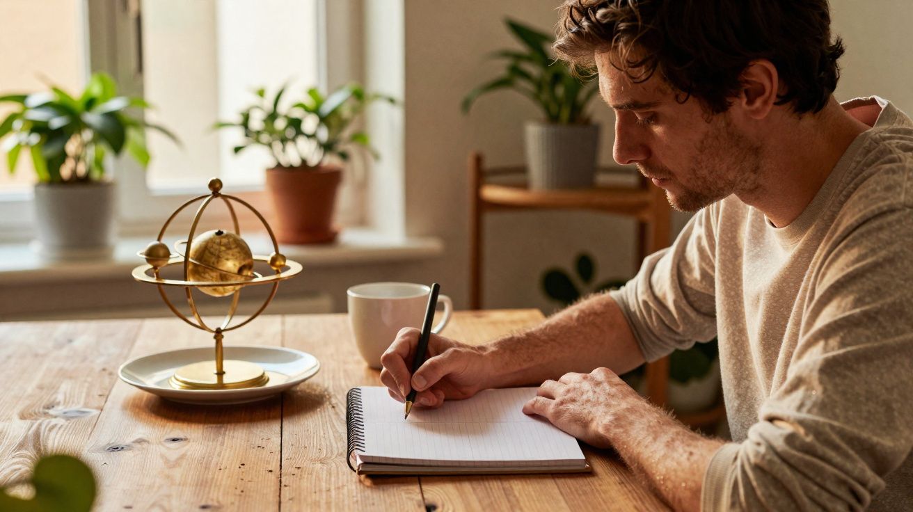Homem escrevendo em caderno ao lado de objeto dourado e xícara em mesa de madeira com plantas ao fundo.