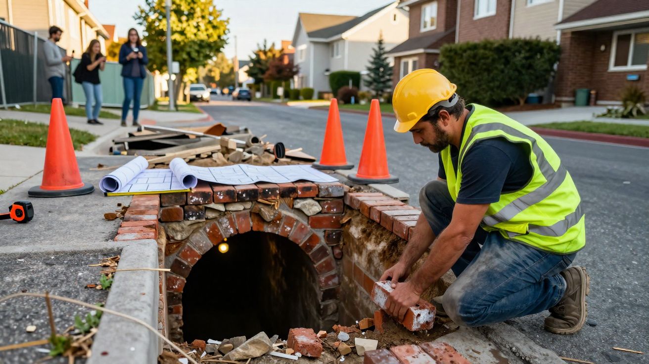 Homem com capacete e colete amarelo trabalha na construção de uma galeria subterrânea em rua residencial.