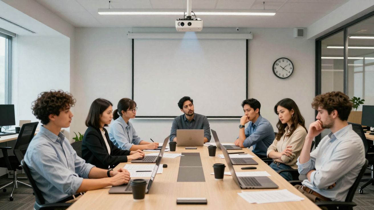 Grupo de seis jovens em reunião de trabalho na sala com laptops e projetor ligado.