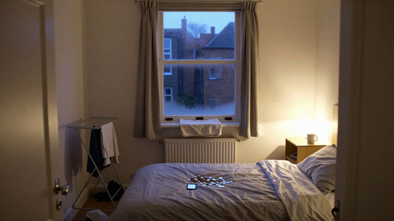 Quarto com cama arrumada, janela com vista de prédios, luminária ligada e objetos sobre a cama.