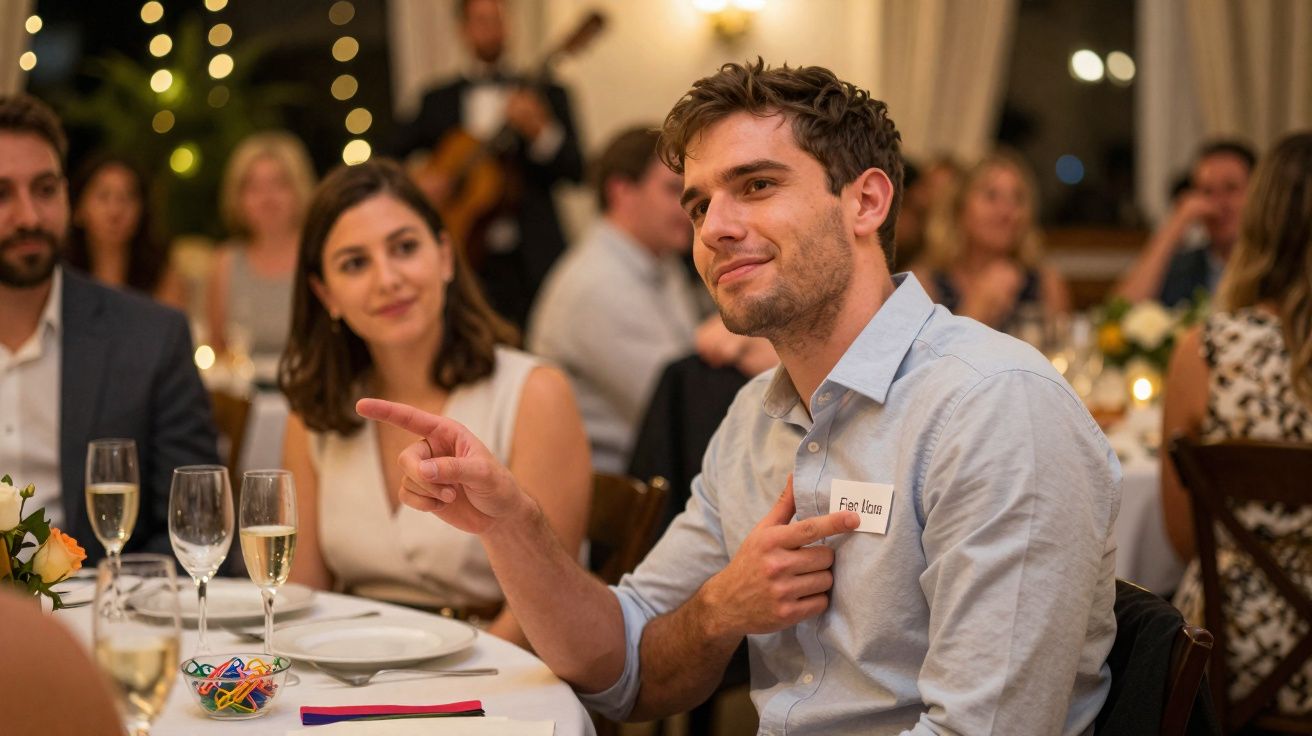 Homem em festa formal aponta para algo enquanto segura um cartão com o nome "Fierlos".