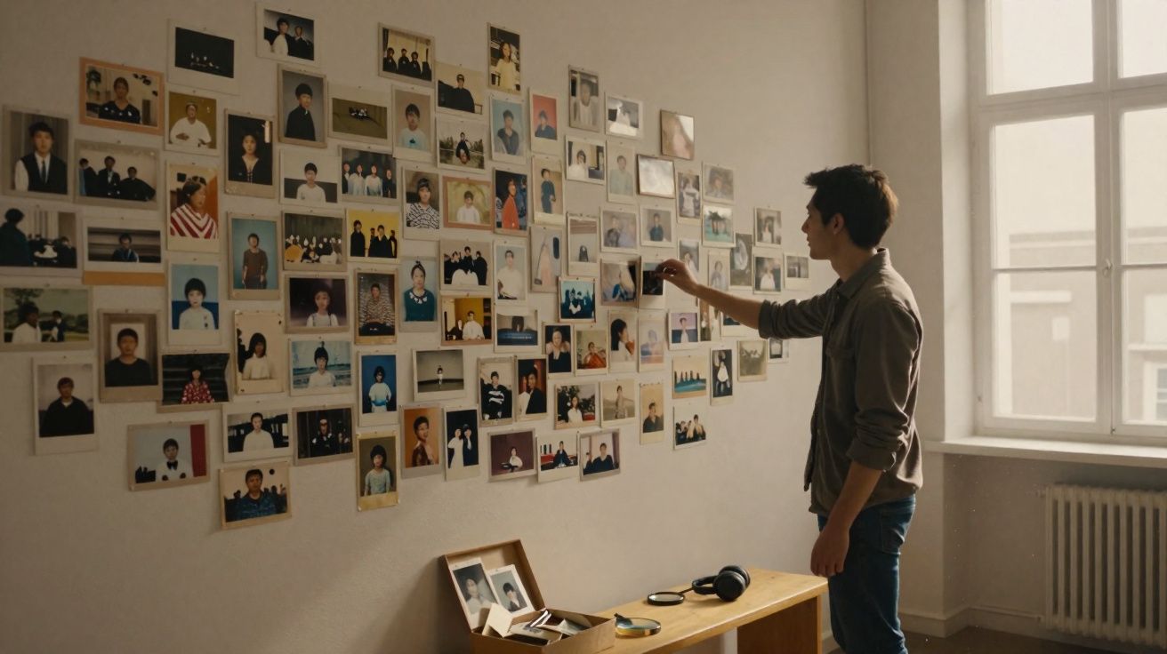 Homem organiza fotos em uma parede branca iluminada por janela ampla em ambiente interno.