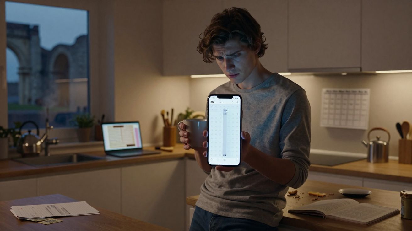 Jovem em cozinha mostrando a tela de um smartphone com calendário, segurando uma caneca, à noite.