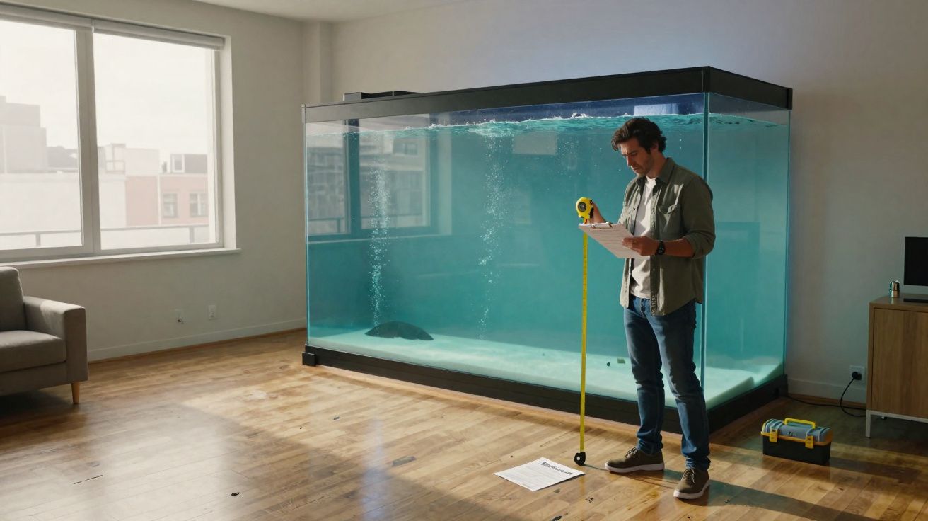 Homem mede aquário grande com fita métrica dentro de sala com piso de madeira.
