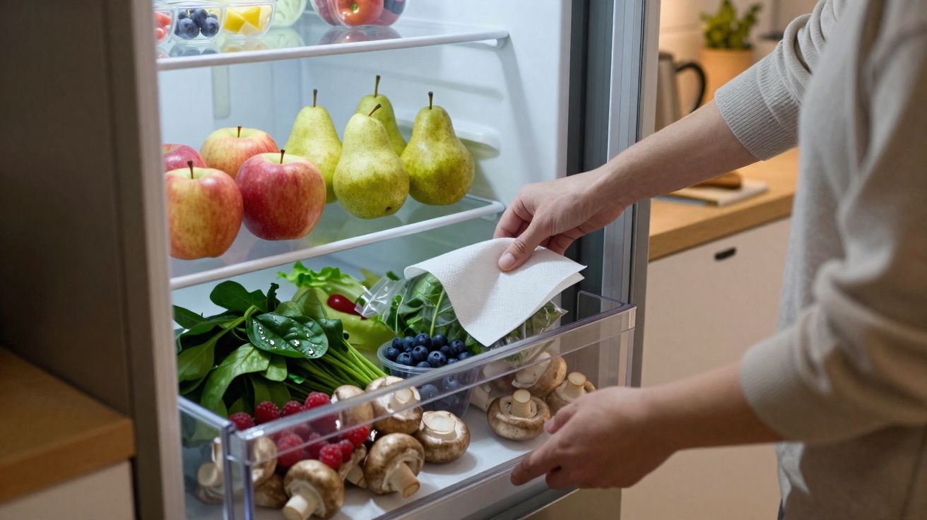 Pessoa organizando folhas verdes e frutas dentro de uma geladeira aberta na cozinha.