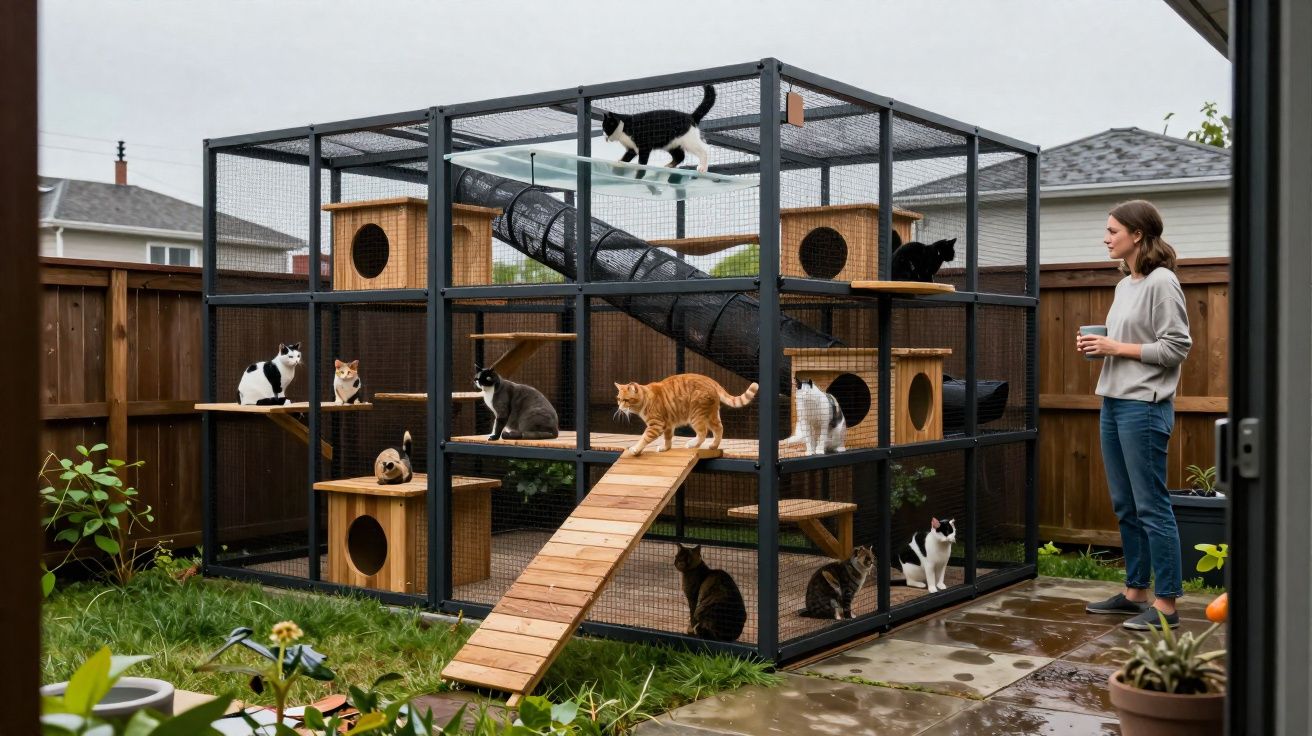 Gaiola externa grande com vários gatos dentro e mulher observando com xícara na mão em jardim.