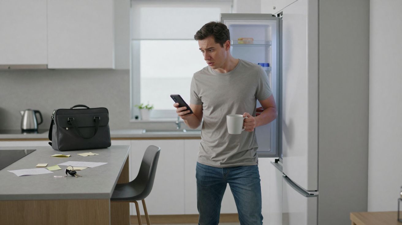 Homem com camiseta cinza e jeans segurando celular e caneca na cozinha com geladeira aberta.