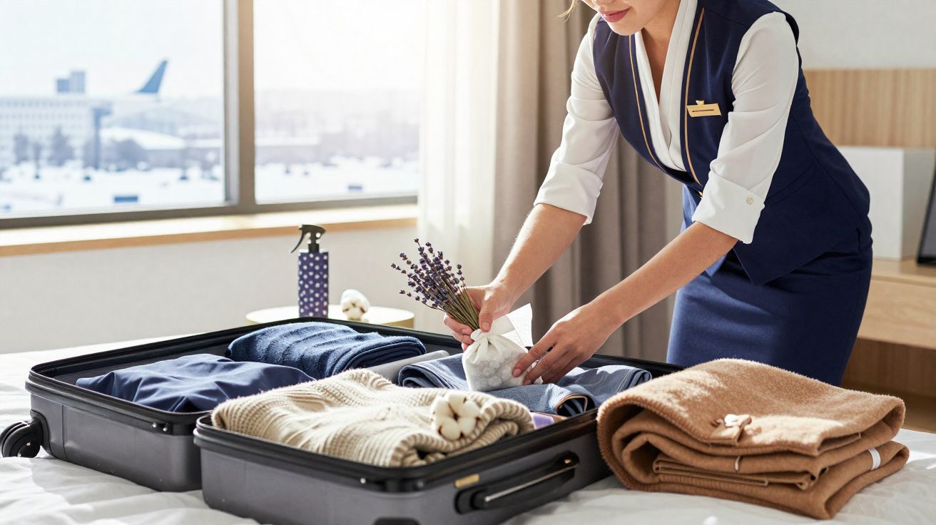 Assistente de hotel arrumando mala com roupas e sachê de lavanda em quarto com janela e avião ao fundo.