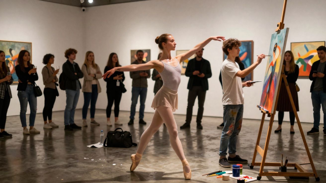 Bailarina em ponta dança enquanto artista pinta quadro no ateliê com público observando ao fundo.