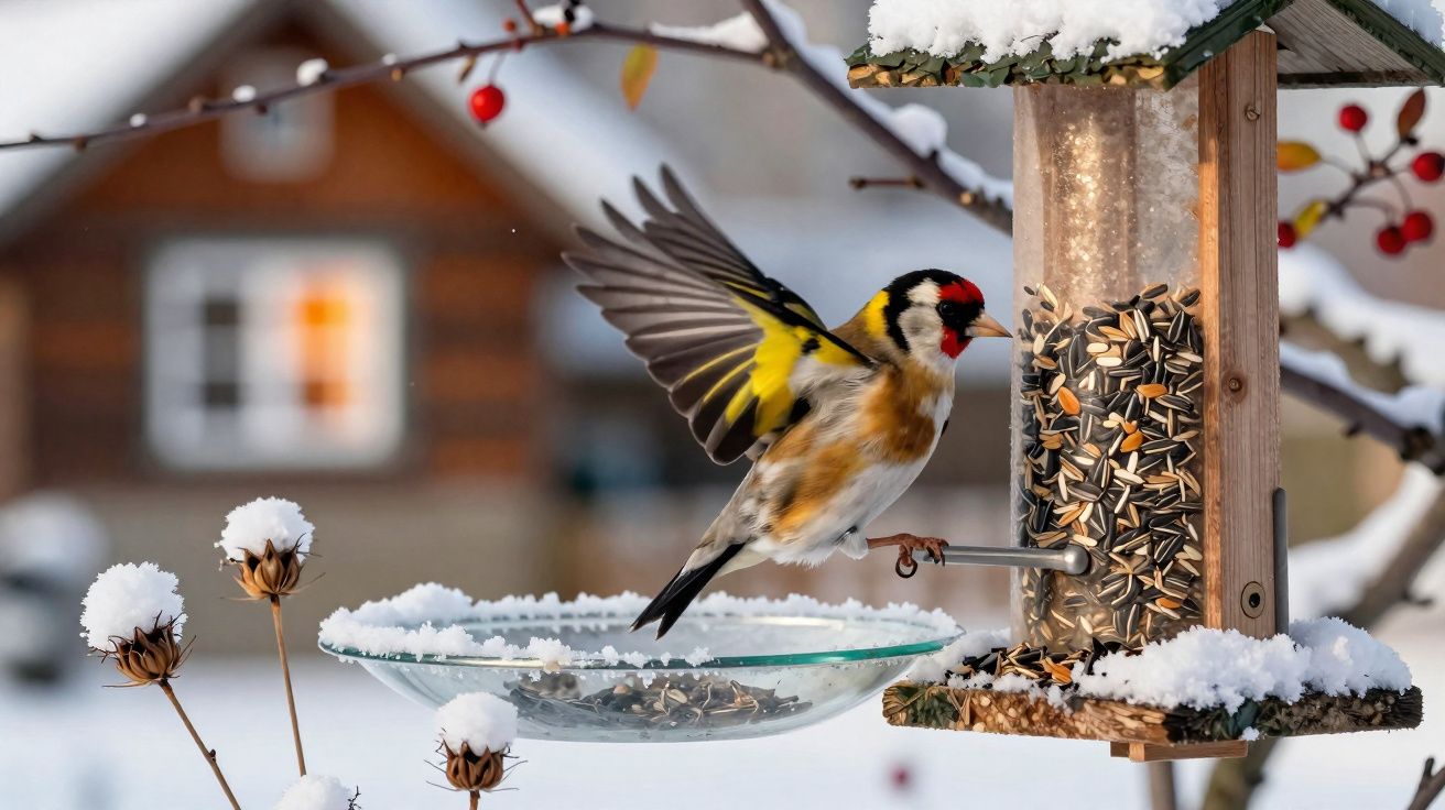 Pássaro colorido pousando em alimentador de sementes coberto de neve com casa desfocada ao fundo.