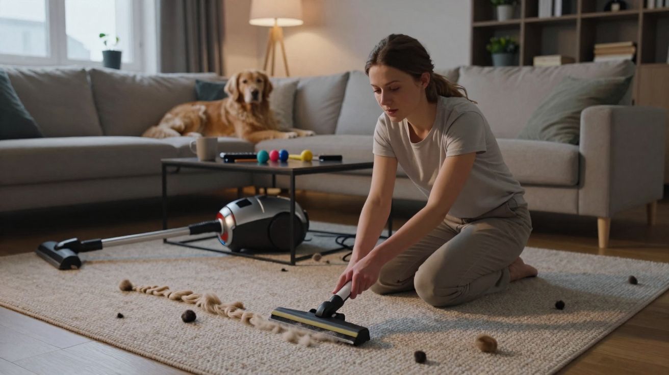 Mulher aspirando tapete com aspirador enquanto cachorro está deitado no sofá na sala de estar.
