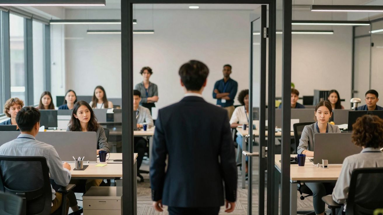 Homem de terno entrando em sala de reunião com várias pessoas sentadas em mesas e computadores.