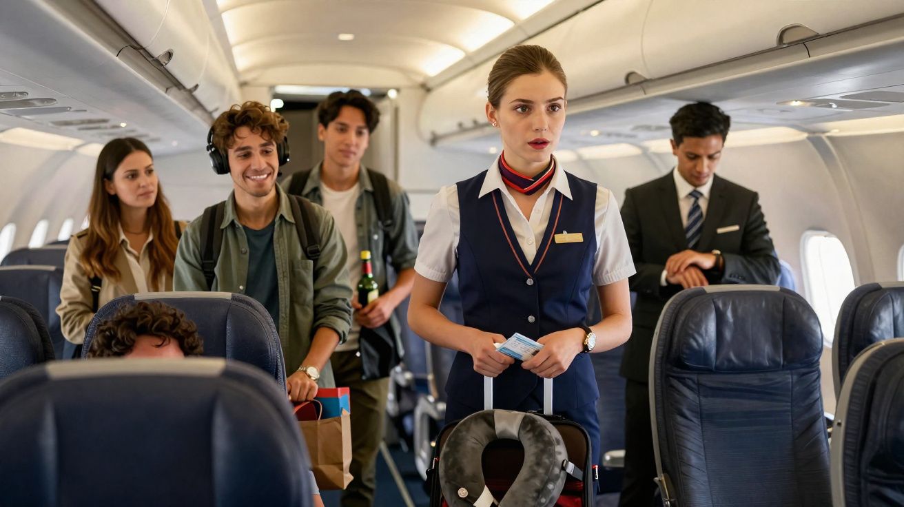 Assistente de bordo com uniforme azul e branco caminha pelo corredor do avião com passageiros ao fundo.