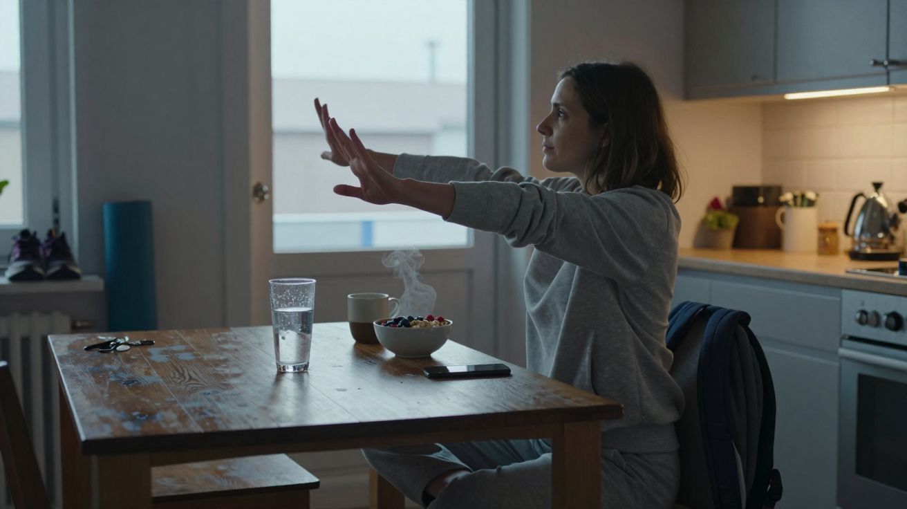 Mulher faz alongamento sentado à mesa de cozinha com tigela de comida e copo d'água.