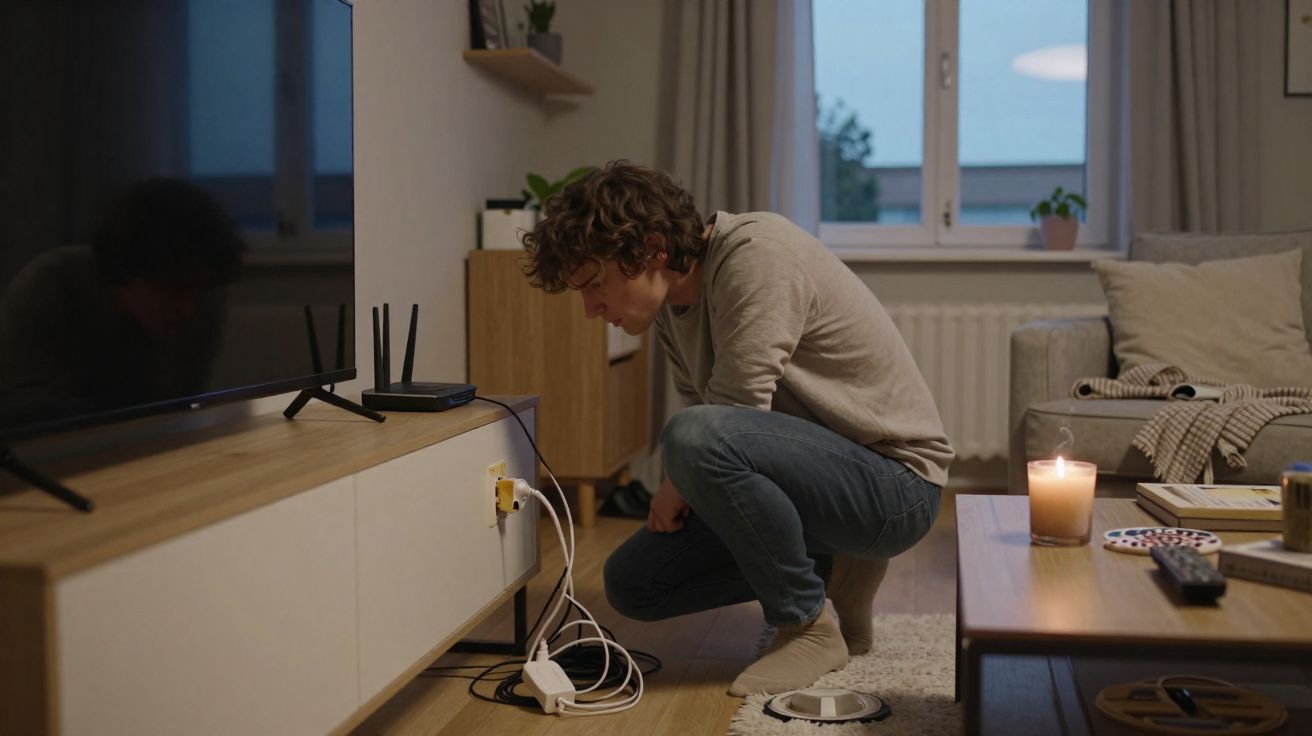 Homem agachado consertando cabos elétricos próximo a TV em sala de estar com luz de vela apagada.