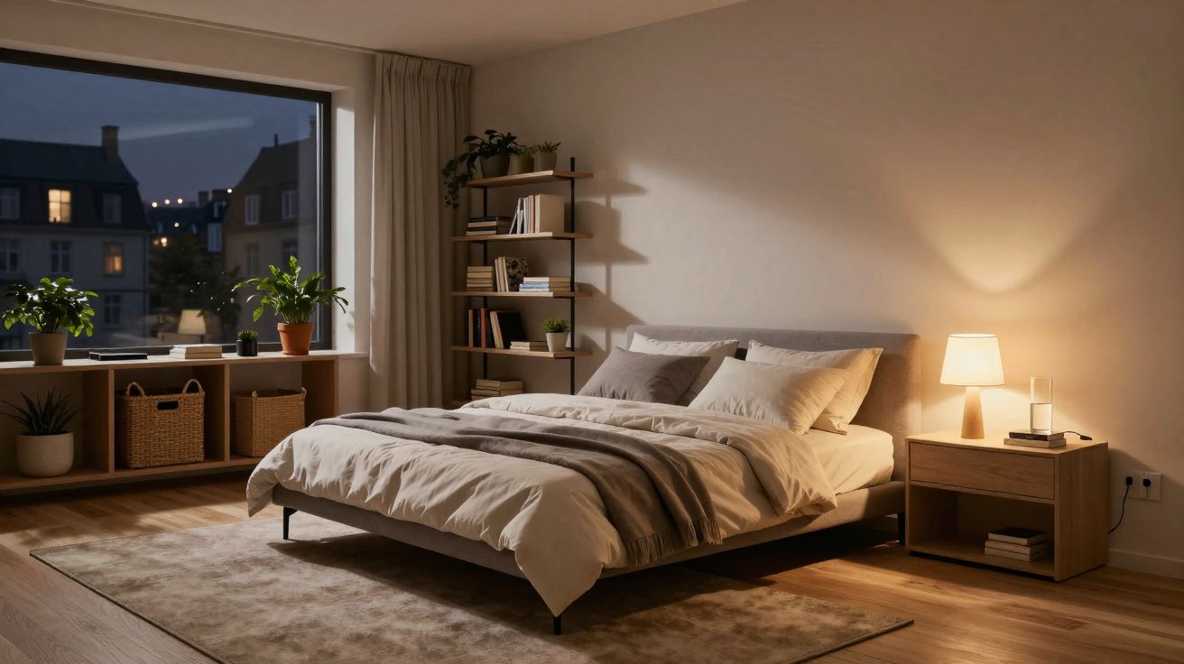 Quarto moderno com cama de casal, abajur aceso, plantas, estante com livros e janela grande à noite.