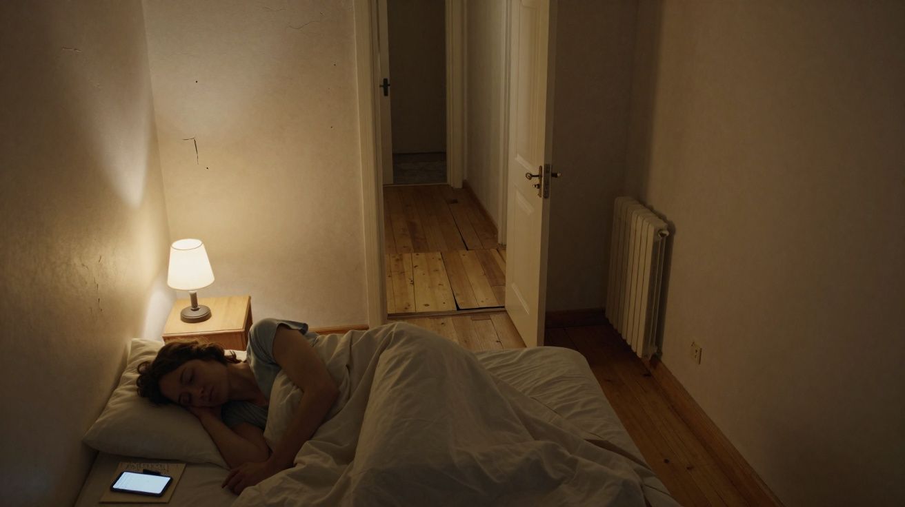 Mulher dormindo em quarto escuro com abajur ligado ao lado da cama e celular na mesinha.