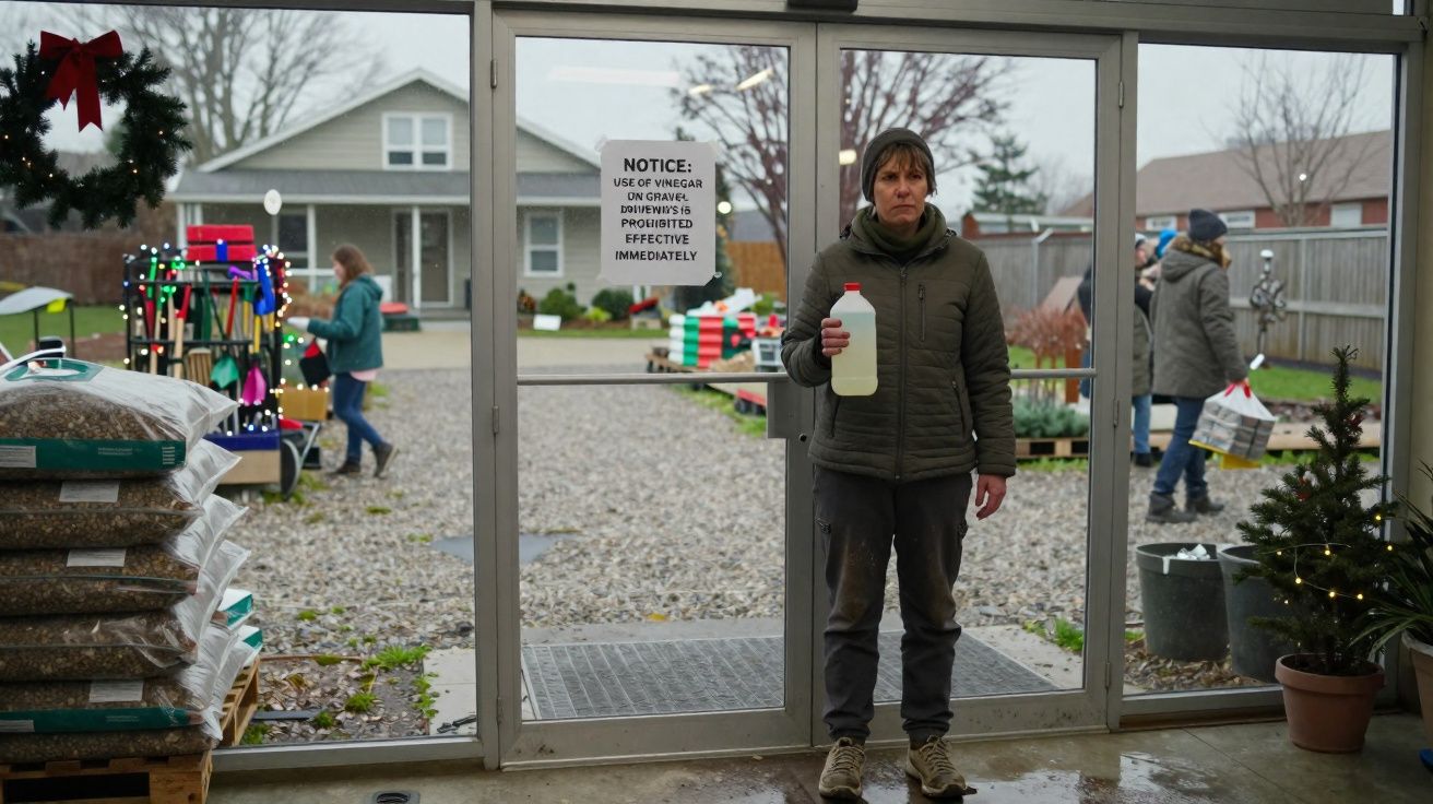 Pessoa parada na porta de vidro de loja, segurando garrafa grande, com decoração natalina ao redor.