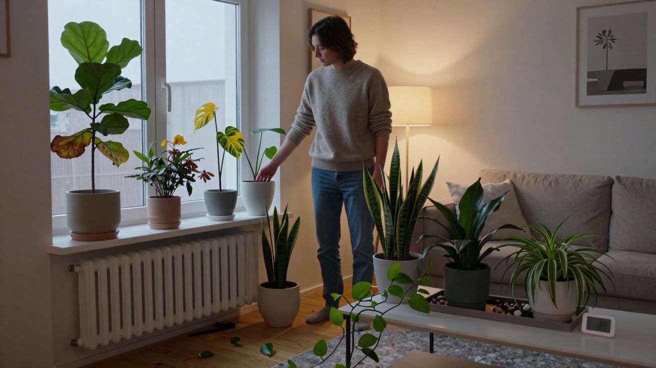 Pessoa cuidando de plantas em vasos em uma sala de estar bem iluminada ao entardecer.