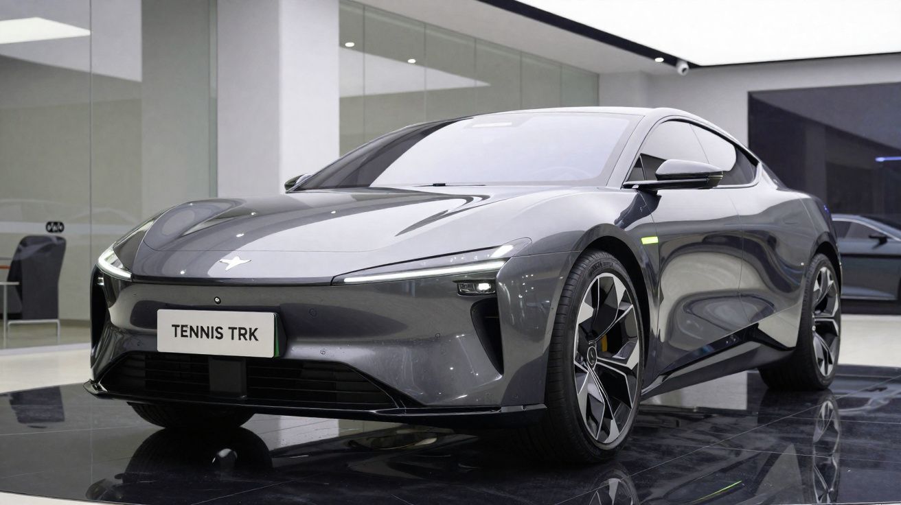 Carro elétrico esportivo cinza TNNS TRK exibido em ambiente interno moderno com iluminação branca.