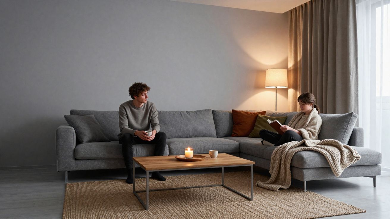 Casal sentado em sofá cinza na sala, homem olhando para mulher que lê livro, com mesa de centro e luminária acesa.