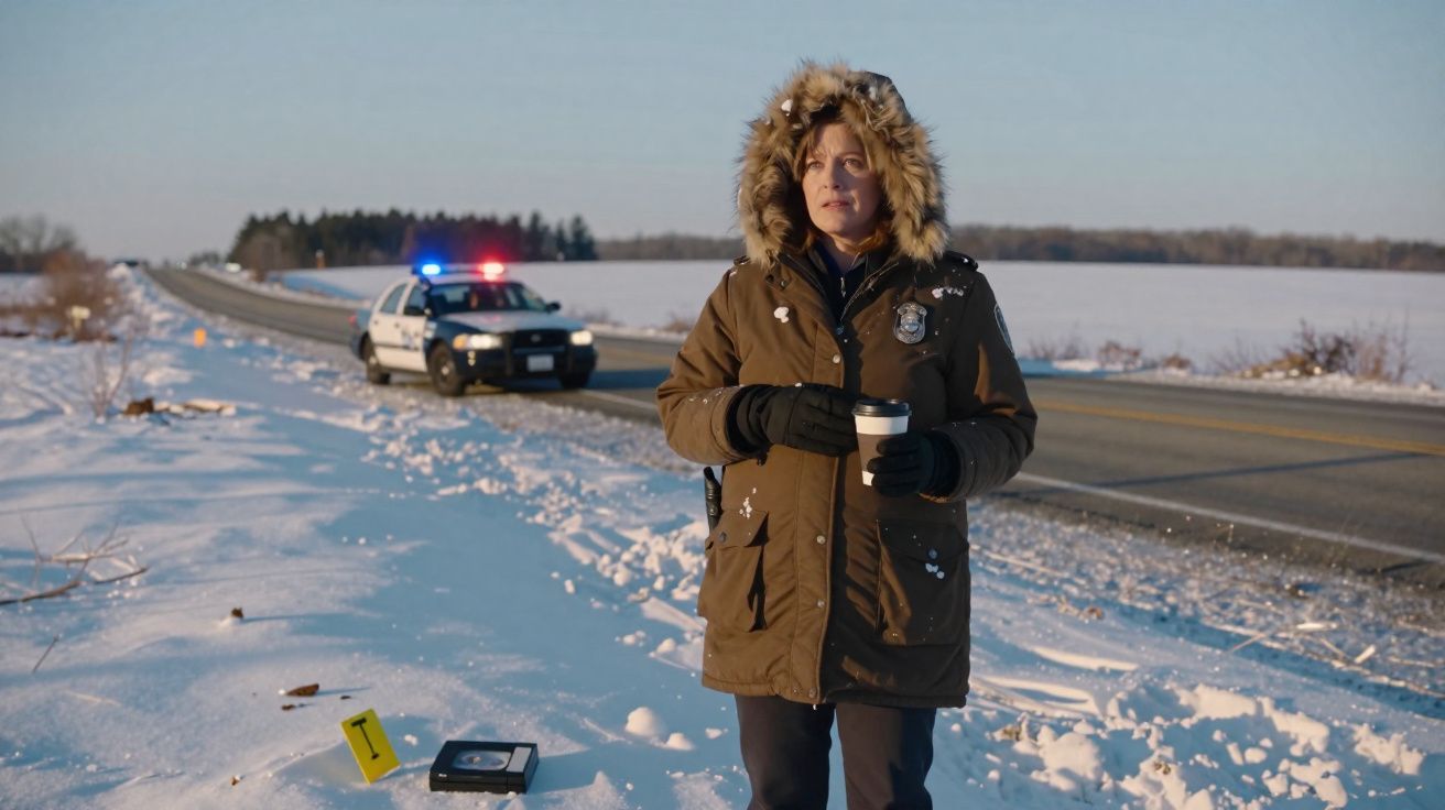 Mulher com casaco pesado segura copo em cena de investigação policial na neve, com viatura ao fundo.