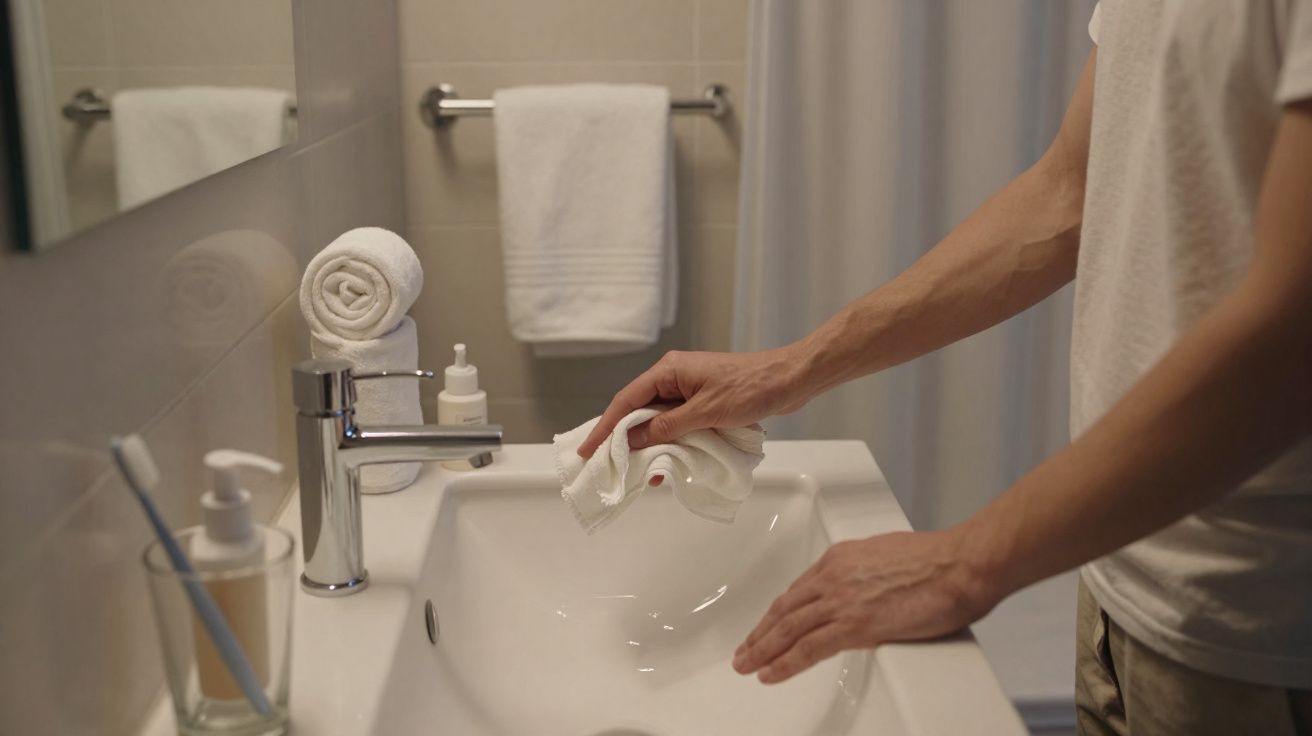 Pessoa secando as mãos com toalha branca em pia de banheiro com toalhas ao fundo.