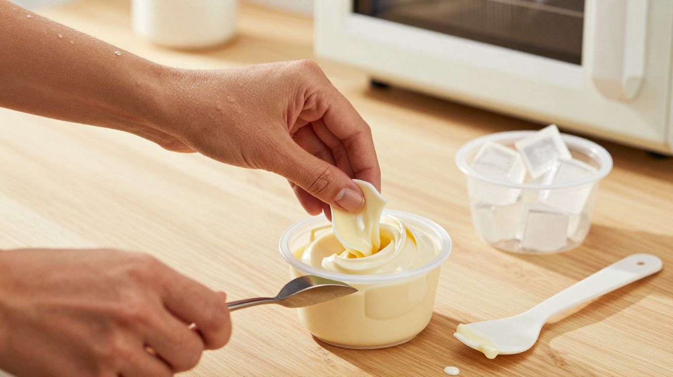 Mãos pegando creme de um pote de plástico sobre mesa com colher e recipiente transparente ao fundo.