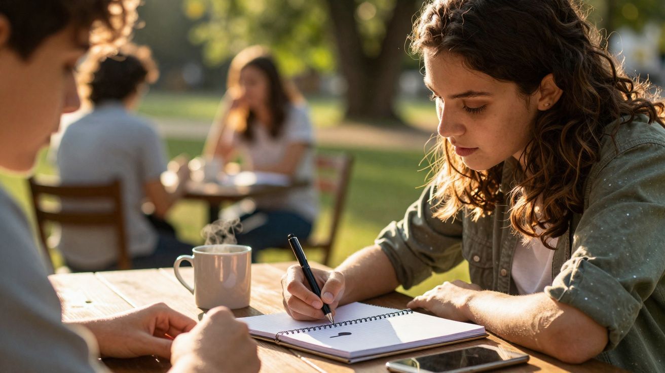 Jovem mulher escrevendo em caderno ao ar livre, com outras pessoas conversando ao fundo em ambiente ensolarado.