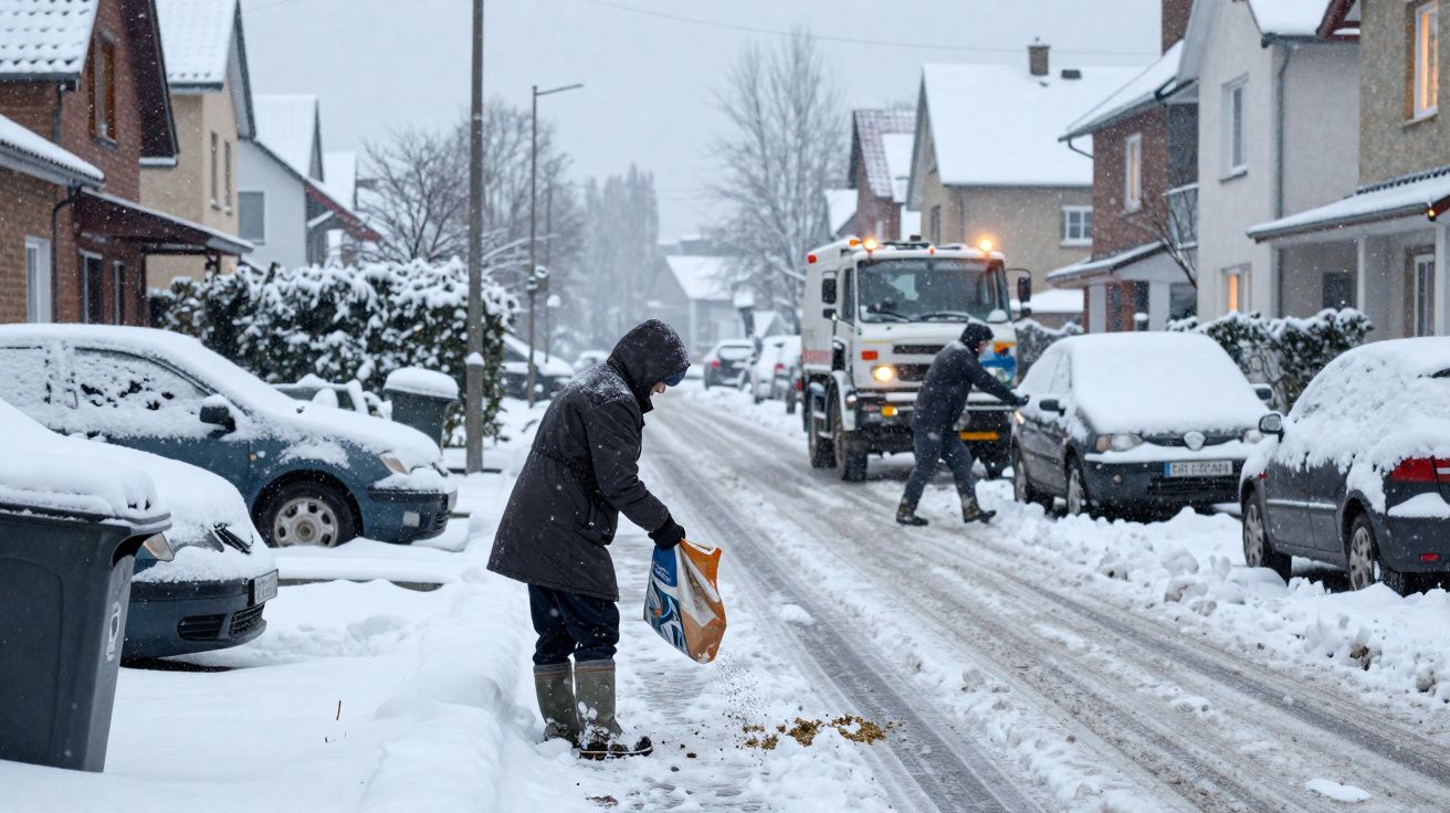 Pessoa espalha sal na rua coberta de neve enquanto outra remove neve com pá em bairro residencial.