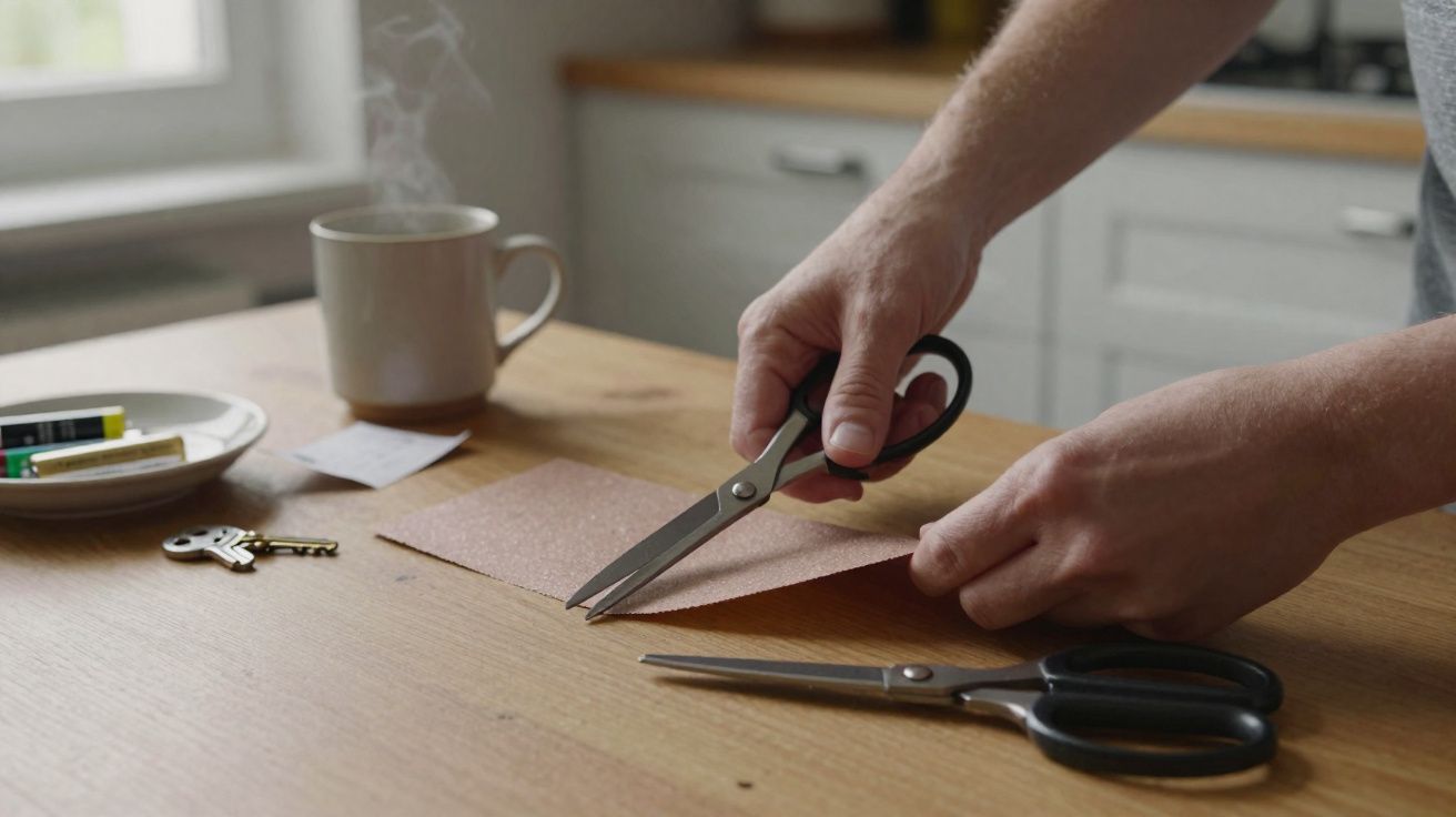 Mãos cortando papel com tesoura sobre mesa de madeira com outra tesoura, chave e xícaras ao fundo.